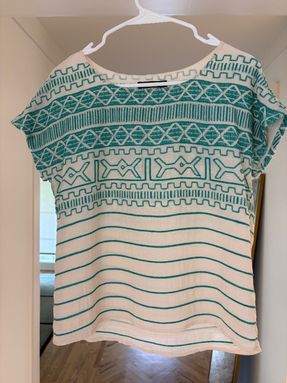THML Embroidered Boho Top Ivory Teal Geometric Cotton Blend Size S